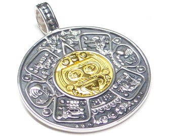 Anhänger Silber teils vergoldet , Motivanhänger "  Maya Kalender " ,   Sterling Silber ,  Schutzsymbol , Schmuck Unisex