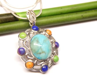 Pendentif turquoise en argent, filigrane en argent sterling, bijoux pour femmes