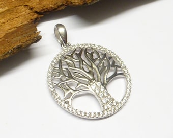 Silver pendant, tree of life motif, sterling silver, zirconia stones, protection symbol