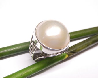Perlenring , Ring Silber echte Mabeperle weiß  , Gr. 58 - 18.5 , Sterlingsilber, Schmuck für Frauen