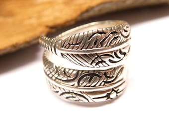 Ring silver, band ring open, soul feather motif, size 58 open, variable size, sterling silver, unisex