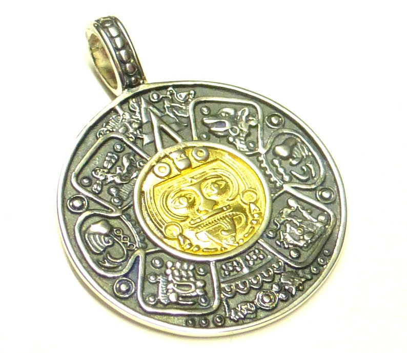 Anhänger Silber teils vergoldet , Motivanhänger Maya Kalender , Sterling Silber , Schutzsymbol , Schmuck Unisex Bild 5