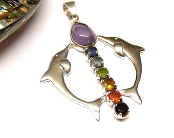 Silver pendant, motif pendant "dolphins" chakra stones, made of sterling silver