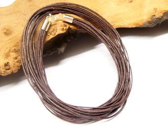 Halsketting, katoenen textielband, 15 strengen, lengte 45 cm, chocoladebruin, sterling zilveren sluiting, sieraadaccessoire