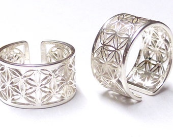 Band ring open, motif flower of life, size. 58 , sterling silver , jewelry unisex