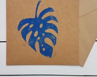 Blue Tropical leaf print, tropical card, botanical birthday card, thinking of you card, unusual card, blue leaf, linoprint card