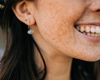 Aquamarine chips earrings, Small golden Hoops, blue Stone Earrings, unique Birthday gift for sister, Christmas gift idea for best friend