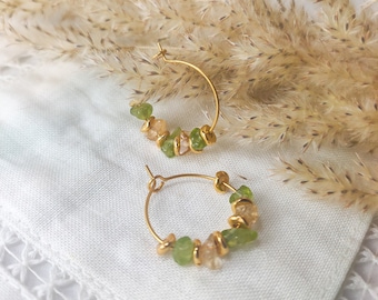 Small golden hoops, citrine peridot earrings , Gift for friend, unique soul sister present, pink hoop earrings, feminine jewelry