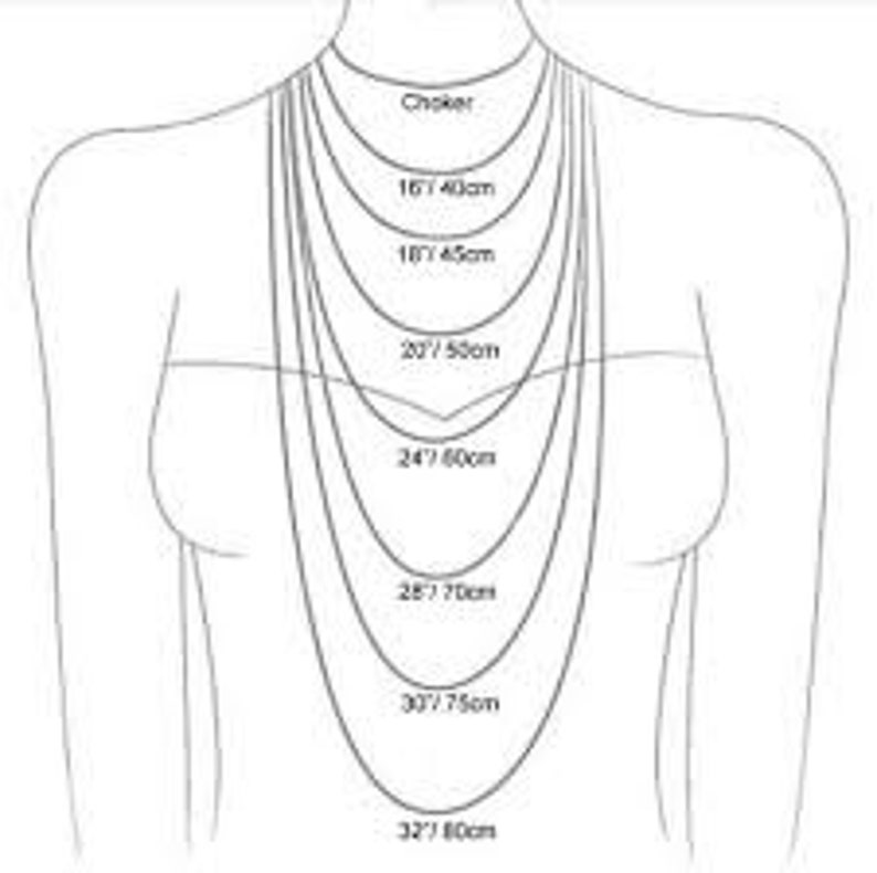 May include: Diagram showing different necklace lengths in inches and centimeters, from choker to 32 inches. The lengths are shown on a drawing of a person's neck.