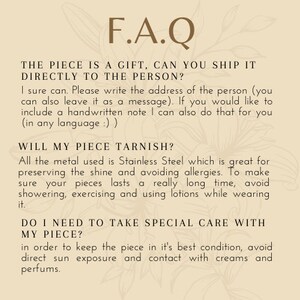 May include: A text-based FAQ section with information about shipping, tarnishing, and care instructions for a piece of jewelry. The text is written in a light brown font on a beige background.