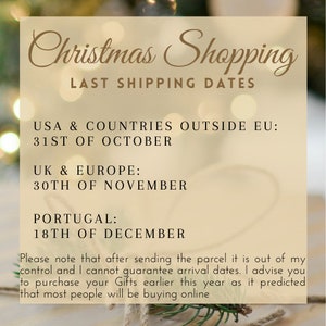 May include: A graphic with a beige background and brown text that reads "Christmas Shopping Last Shipping Dates". The text lists the last shipping dates for the United States, the United Kingdom, Europe, and Portugal.
