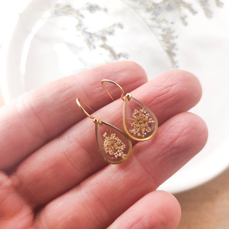 Queen Anne's Lace earrings, lace anniversary gift, homemade cottagecore earrings, pressed flower dainty jewelry, bridesmaid proposal image 2
