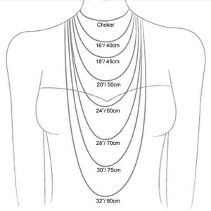 May include: Diagram showing different necklace lengths in inches and centimeters. The lengths include choker, 16 inches, 18 inches, 20 inches, 24 inches, 28 inches, 30 inches, and 32 inches.