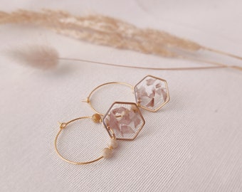 Dried flower poppy earrings, Pressed flower jewelry, golden beaded hoops, unique gifts for mom