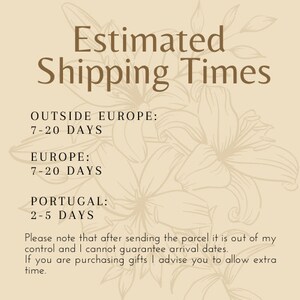 May include: A beige background with a floral design and brown text that reads "Estimated Shipping Times". The text lists estimated shipping times for different locations: Outside Europe (7-20 days), Europe (7-20 days), and Portugal (2-5 days).