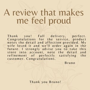 May include: A customer review praising a store for its excellent service, product details, and customer satisfaction. The review reads, "Thank you! Full delivery, perfect. Congratulations for the service, product notes the detail and affection provided. My wife loved it and we'll order again in the future. I strongly advise you to take this store into account, note the detail and refinement of perfectly satisfying the customer. Congratulations.  Thank you Bruno!"
