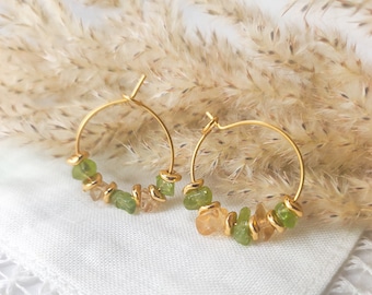 Small golden hoops, citrine peridot earrings , Gift for friend, unique soul sister present, pink hoop earrings, feminine jewelry