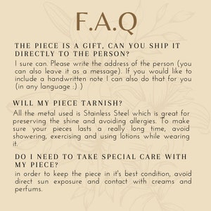 May include: A text-based FAQ section with information about shipping, tarnishing, and care instructions for a piece of jewelry. The text is written in a light brown font on a beige background.