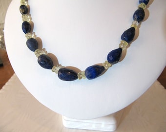 Gemstone necklace,Lapis collar,Quartz necklace,Lapis Lazuli necklace,Blue stone necklace,yellow stone bib,Gemstone jewelry,gift for mom