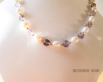 Amethyst Necklace, Pearl necklace, Freshwater Pearl bib, Purple stone necklace, Cultured pearl jewelry, gemstone necklace, wedding jewelry