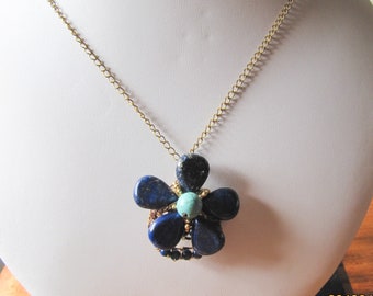 Gemstone pendant,Lapis pendant,Flower necklace,Turquoise flower,Blue stone pendant,Lapis flower pendant,Gold pendant,Blue flower jewelry.