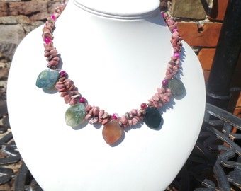 Gemstone necklace,Jasper necklace,Green stone necklace,Pink stone necklace,Leaf necklace,tribal necklace,Jasper jewelry,Gemstone jewelry