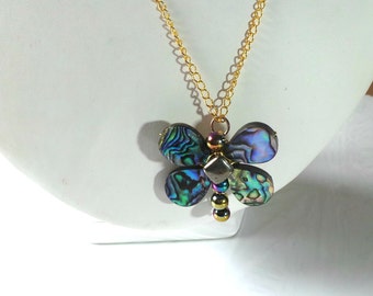 Gemstone pendant.Abalone necklace.Stone dragonfly.Animal jewelry.Abalone pendant.Blue stone necklace.Blue shell pendant.Gemstone jewelry