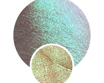 2077 Multichrome chameleon pressed pan neon lime golden green to teal gold brownish tone vegan shimmery sparkle pressed pan 26mm dupe magic