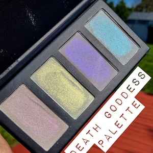 DEATH GODDESS iridescent Highlight Eyeshadow Palette Shimmer Duochrome Multichrome Chameleon Pressed Highlighter Body Face Sparkle Vegan