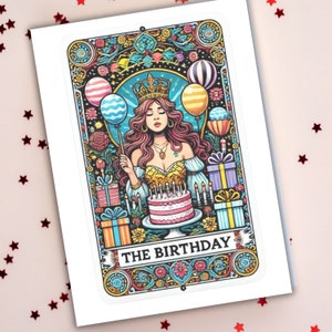 L'anniversaire, voeux d'anniversaire de carte de tarot, carte de sorcière, carte d'astrologie, imprimable
