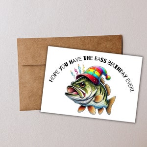 Tarjeta de cumpleaños de pesca de lubina, papá marido amigo hermano. Tarjeta de cumpleaños divertida, imprimible