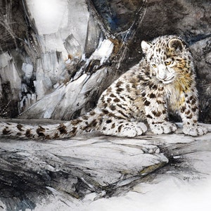 Baby Snow Leopard Watercolor & Charcoal Painting – Original Wildlife Art, Big Cat Wall Decor, Nature Lover Gift
