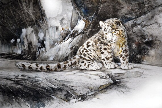 Bebe Leopard Des Neiges Aquarelle Charbon De Bois Etsy