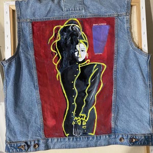 Hand-Painted Janet Jackson Denim Jacket | Custom Black Art Wearable | 90s Music Icon Streetwear | Afrocentric Painted Jean Jacket| size xl