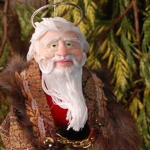 Saint Nick Christmas Ornament, Collectable Keepsake, Completely handmade with Fur trimmed coat, antique jewellery, long flowing white beard