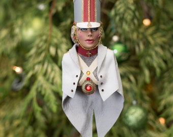 Nutcracker Ornament  Toy Soldier - Hanging Christmas Nutcracker Decoration in Grey and white - handmade original sculpture and costume,