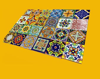 May include: A collection of colorful, patterned ceramic tiles with intricate designs. The tiles are arranged in a grid pattern and feature a variety of colors, including blue, green, yellow, red, and orange.