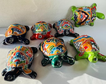 Beautiful Mexican Hand Painted Turtle Jewelry Box,painted Clay