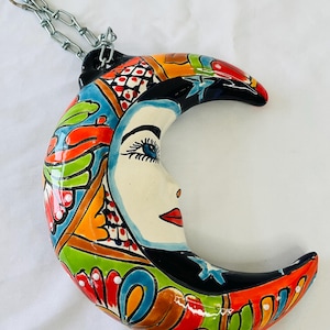 Decorazione murale a forma di luna Talavera fatta a mano, arte messicana colorata