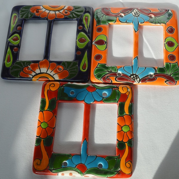 3 Mexican Talavera Pottery wall art  5" X 5" light switch double toggle