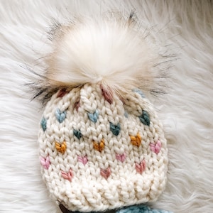 CANDY HEARTS Beanie w/ Marshmallow Pompom // Fair Isle Knit Hat// Available in All Sizes newborn to adult