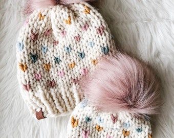CANDY HEARTS Beanie w/ Blush Pompom // Fair Isle Knit Hat// Available in All Sizes newborn to adult