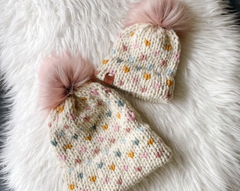 CANDY HEARTS Double Brim Beanie w/ Blush Pompom / Newborn to Adult Sizes