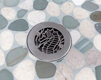 4.25 Inch Shower Drain - Designer Drains 4.25" Sea Horse Round Shower Drain