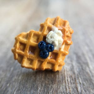Waffle Stud Earrings- Heart shaped, Polymer Clay, Handmade, Waffles w/ blueberries and cream