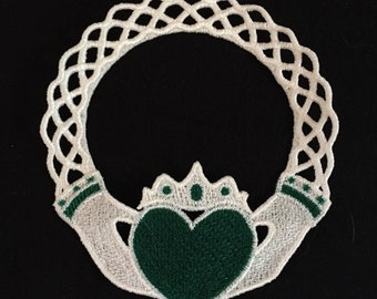 Off-White /"Claddagh/" Machine Embroidered Lace Doily or Ornament