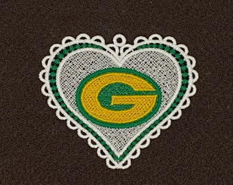 Packers GREEN Heart Ornament Free Standing Lace Embroidery