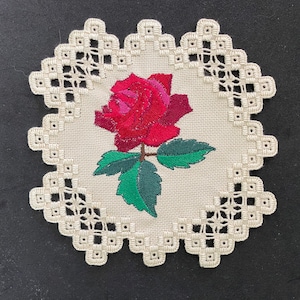 Hardanger Rose Cream Doily Embroidery