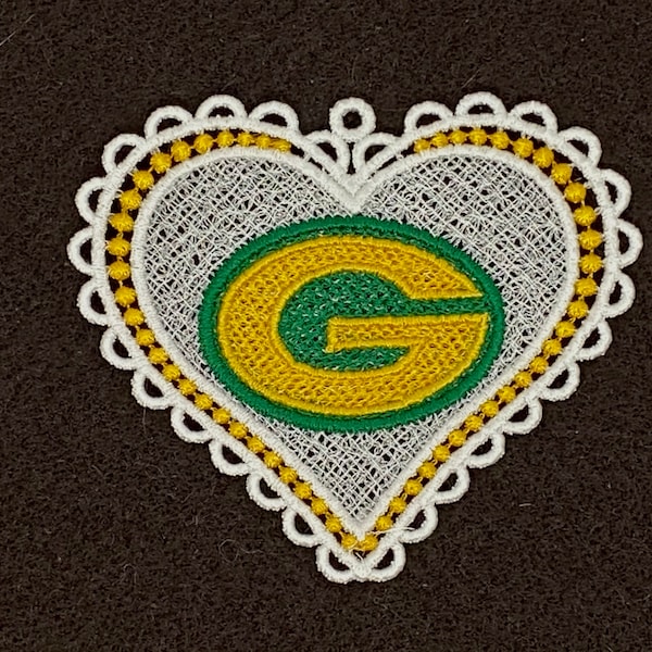 Packers GOLD Heart Ornament Free Standing Lace Embroidery