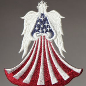 May include: Embroidered angel ornament featuring the American flag. The angel has white wings and a halo. The body of the angel is the flag, with red and white stripes and a blue field with white stars.